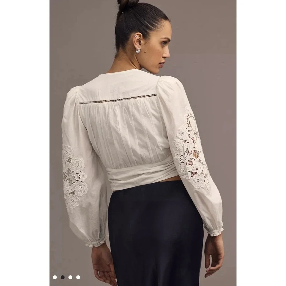 Farm Rio White Cotton Lace Long Sleeve Boho Crop Top XS